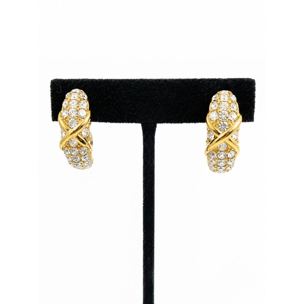 VINTAGE MONET EARRINGS Pave Rhinestone Gold Tone Half Hoop Clip On